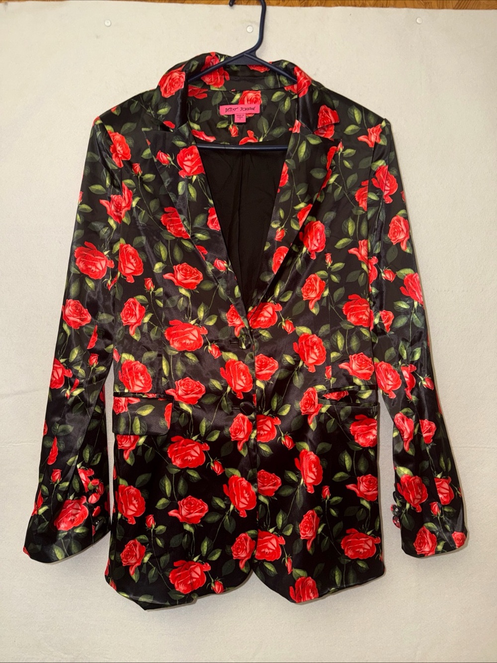 Betsey Johnson Black Blazer with Red Rose Floral Print satin sheen Vamp Goth